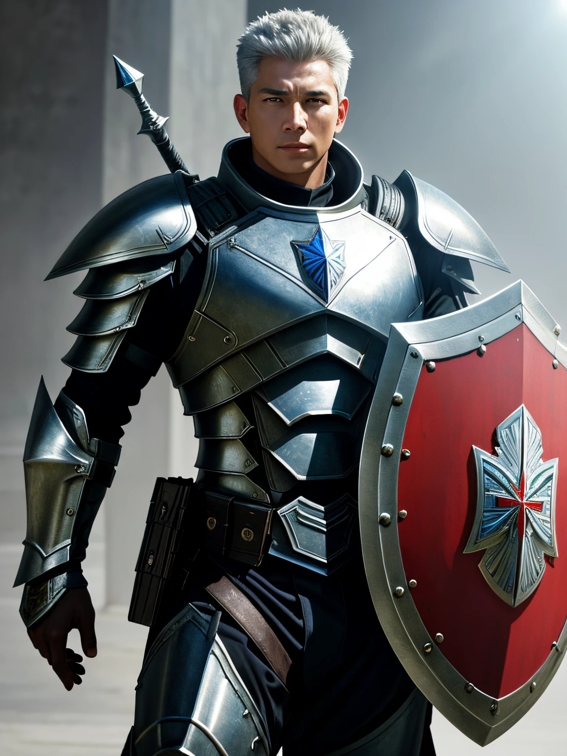 "(best quality,highres,masterpiece:1.2),ultra-detailed,realistic,professional,well-armored warrior class,large shield,spear in hand,vivid colors,sharp focus,studio lighting"
