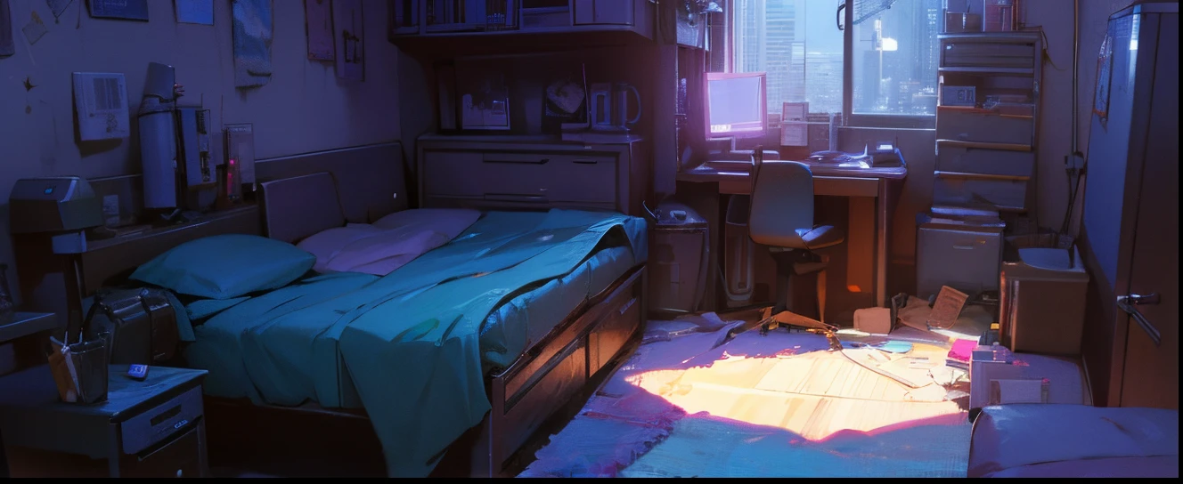 There is a bed in a room where the morning sun shines through...., cyberpunk teenager bedroom, personal room background, cyberpunk childrens bedroom,cyberpunk bedroom in the morning, Anime Background Art, Bright bedroom, in a cyberpunk themed room, Bedroom background, Anime Background, high light room, rpg maker style bedroom, Cozy room, anime aesthetic, The Cyberpunk Apartment, Anime art wallpaper 8k