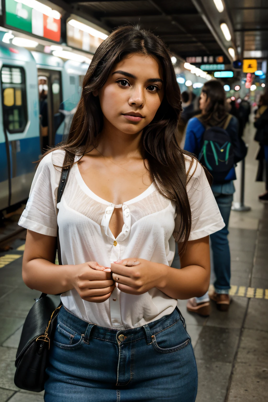 Medium shot of a beautiful 23 year old Mexican traveler, who is ready for the journey and waiting at the train station, detailliert scharf, Blitz-Foto