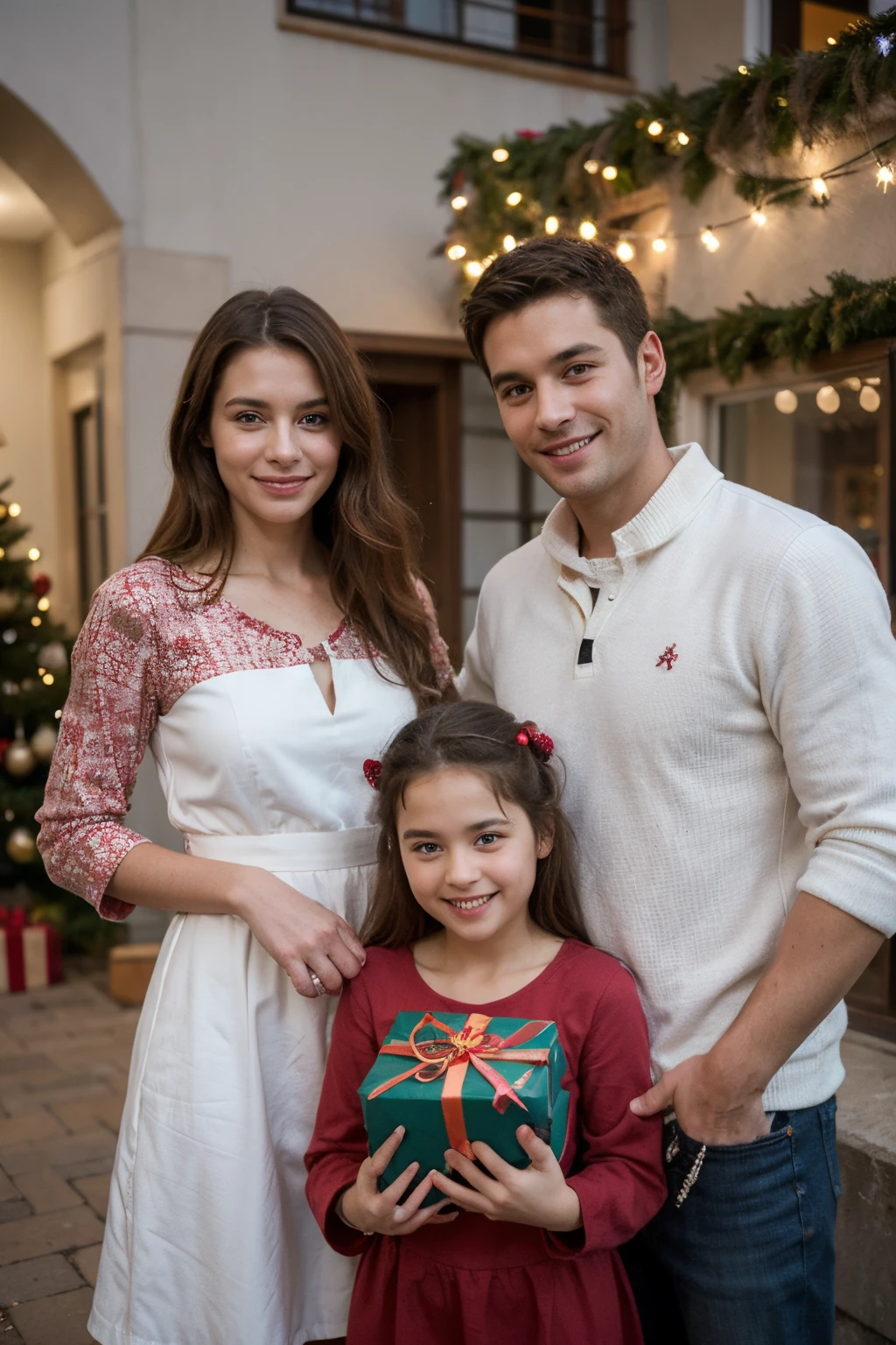 ((best quality)), ((master part)), (circunstanciado), perfect face make a picture of a happy family dressed in colorful clothes holding Christmas gifts