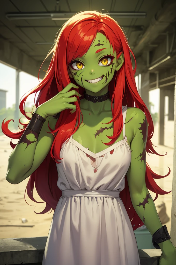 zombie girl, green skin, Cute smiling face, Yellow eyes, White torn dress, long red hair, Scars and stitches on her face, Scars and stitches on her skin.