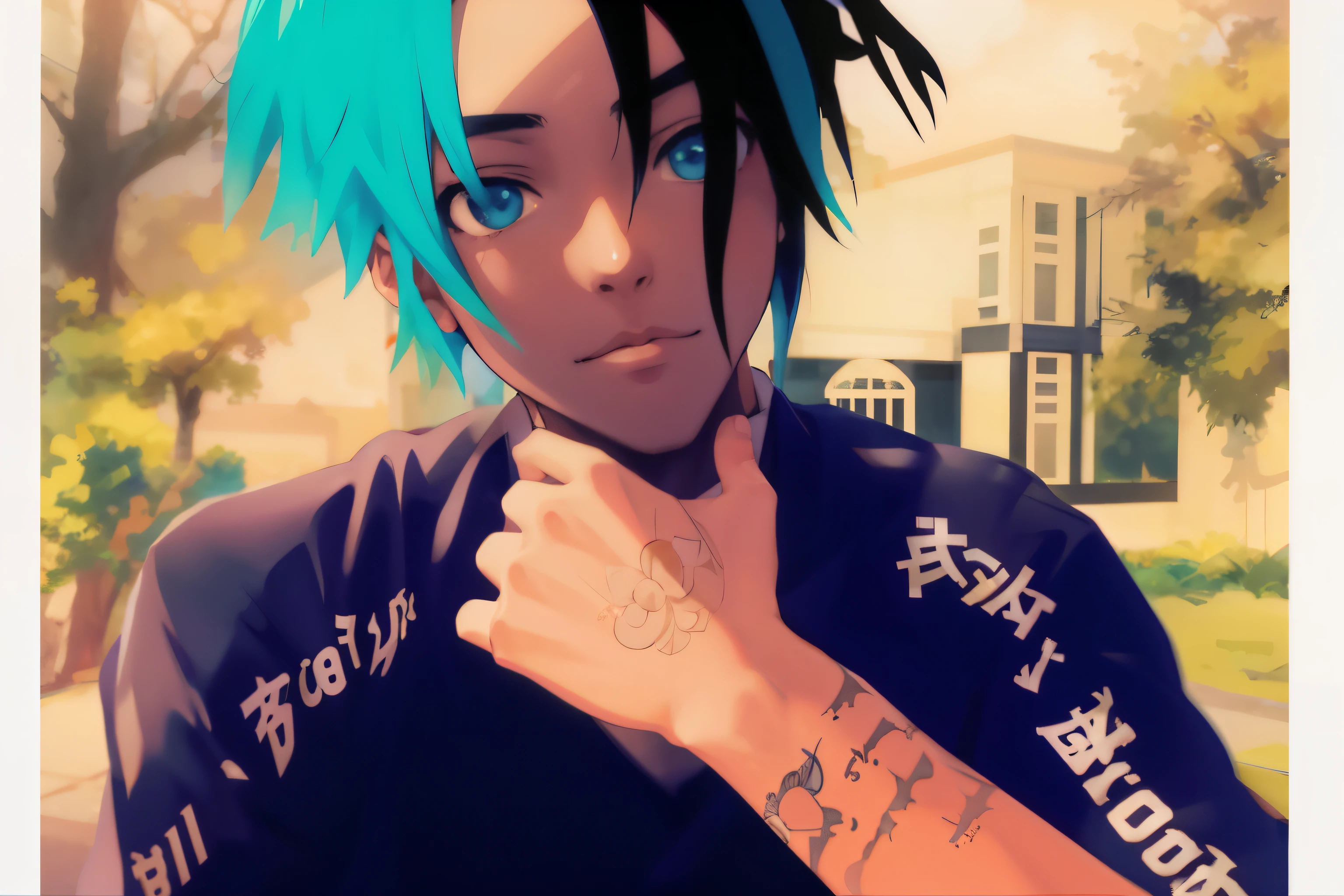 anime - foto estilo de um jovem com cabelo azul e tatuagens, 2 d estilo anime, estilo anime. 8k, estilo anime 4K, arte digital estilo anime, arte de anime realista,  anime com cabelo martelo, anime estilo 3d, estilo anime semi-realista, estilo anime, Estilo anime 3D realista, menino, estilo de arte de anime