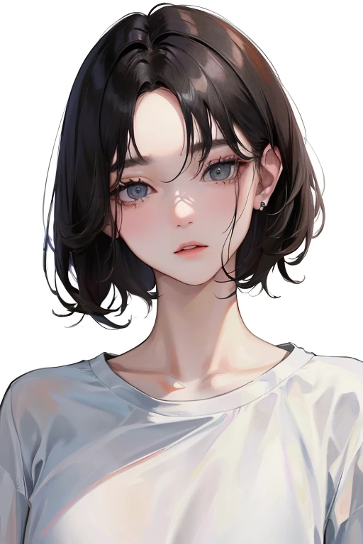 (Top resolution、Distinct_image)top-quality、femele、masterpiece、ighly detailed、Semi-realistic、Black short hair、Dark hair、grey eyes、bangss、21years old、Mature、年轻、Exquisite facial features、Facial features,Plain T-shirt