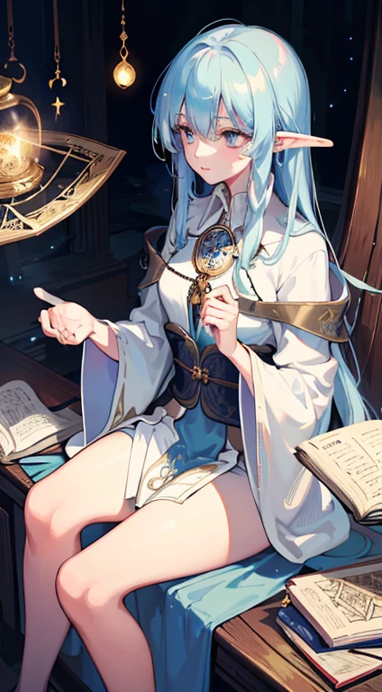Masterpiece,(best qualtiy),highly detailed,Ultra-detailed, Pale , mistic ,blue hair,elf, (tarot cards), (Magic symbols), (Moonlight), (Magic crystals), (Mysterious fog), (ancient book), (Ethereal), (Ceremonial robes), (Intricate patterns), (mysterious creature), (Enchanting atmosphere), (Divine Intervention), (Spiritual journey), (fortunes told), (mystic symbols), (Mysterious candlelight), (magical aura),(magic incantation), (Secret knowledge),(spellbinding),(Tarot card reader),(Tarot tables),(mystical aura), (Mysterious experience)