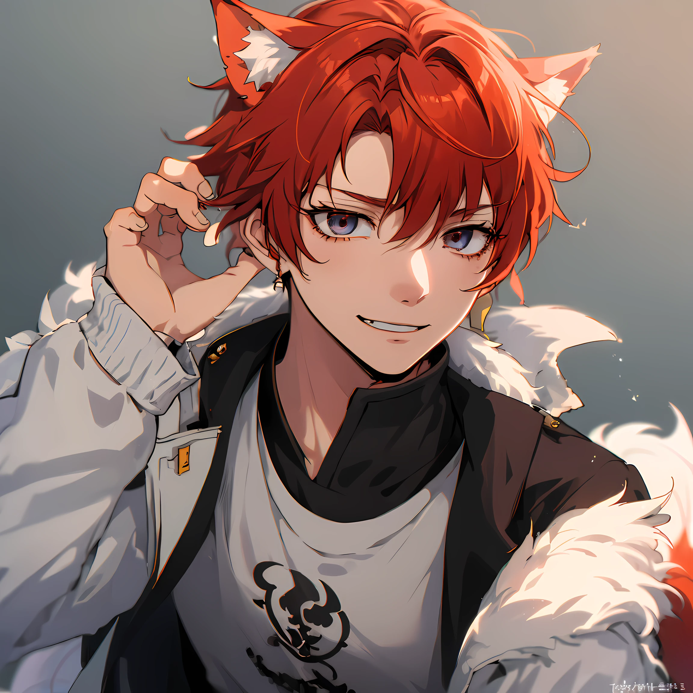 Bishonen,male,Red hair, cunning smile, kitsune, dark mordern clothes, streetwear, short fluffly hair, flirty demeanor, portrait, shaggy hairstyle, black clothes, fox ears, fox tail, one character close up