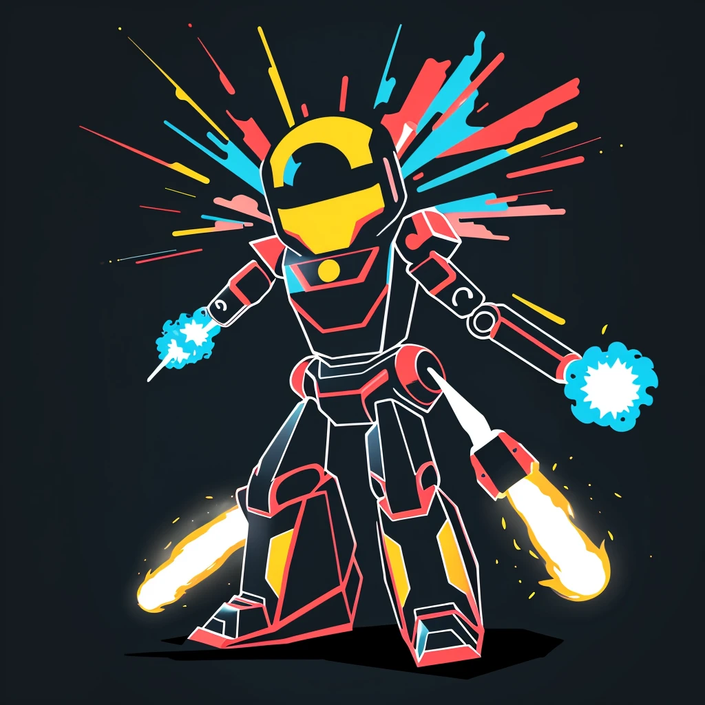 graphic design, Flat design, Small robot all-over design, London Street, Vivid colors, clean, Vector image, Professional Photographer, explosion of smoke, Simple background, flat black background, Shiny vector image.Full design.