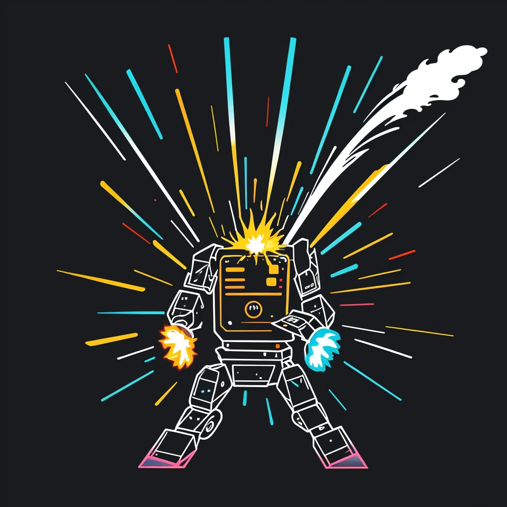 graphic design, Flat design, Small robot all-over design, London Street, Vivid colors, clean, Vector image, Professional Photographer, explosion of smoke, Simple background, flat black background, Shiny vector image.Full design.