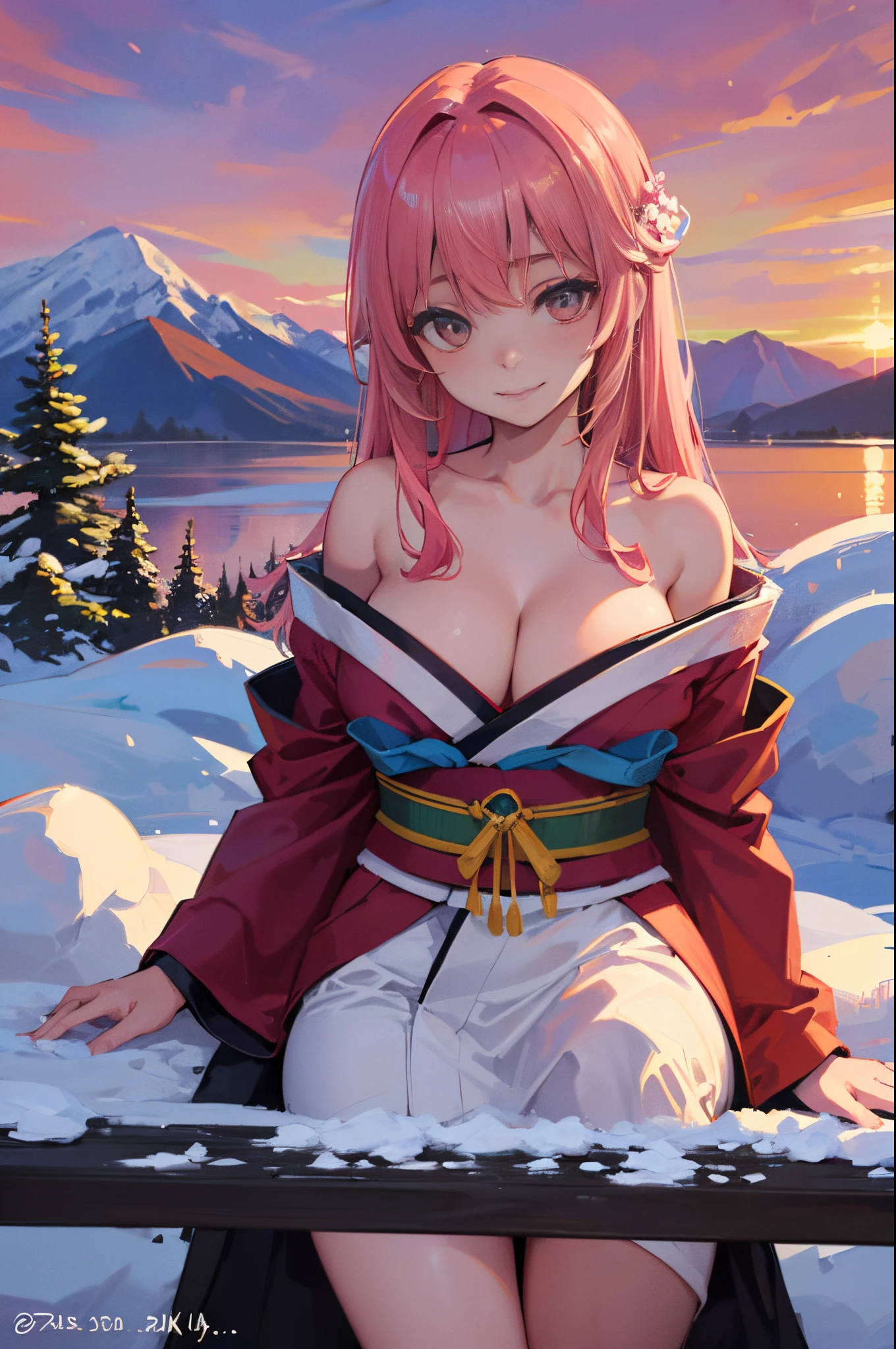 ((On the table、top-quality、Top image quality、8K、winning artwork))、A goddess、(The most gorgeous and luxurious goddess outfit:1.3)、(Goddess's most beautiful outfit in pink:1.3)、(The most luxurious pink and red long-sleeved kimono:1.3)、(upper body photos:1.1)、stlouis,Accurate dissection、The brightest smile when you look at me、(cleavage:1.2)、(show your shoulders:1.1)、(Expose beautiful legs:1.1)、(Stand gracefully:1.1)、The most complicated、The most luxurious decoration、Lots of jewelry、(tas'It snowed heavily:1.1)、dreamy snow、most complex、The most detailed background、(The background is the vast snow-capped mountains:1.2)、(The vast view from the top of the snowy mountain:1.1)、Fantastic snowscape、(Wonderful and vivid sunset:1.4)、(Spectacular cinematic lighting:1.u can see the beautiful lake at the foot of the mountain.:1.1)、(perfect make-up、Long eyelashes、Pink eyeshadow)、(Accurate dissection:1.2)
