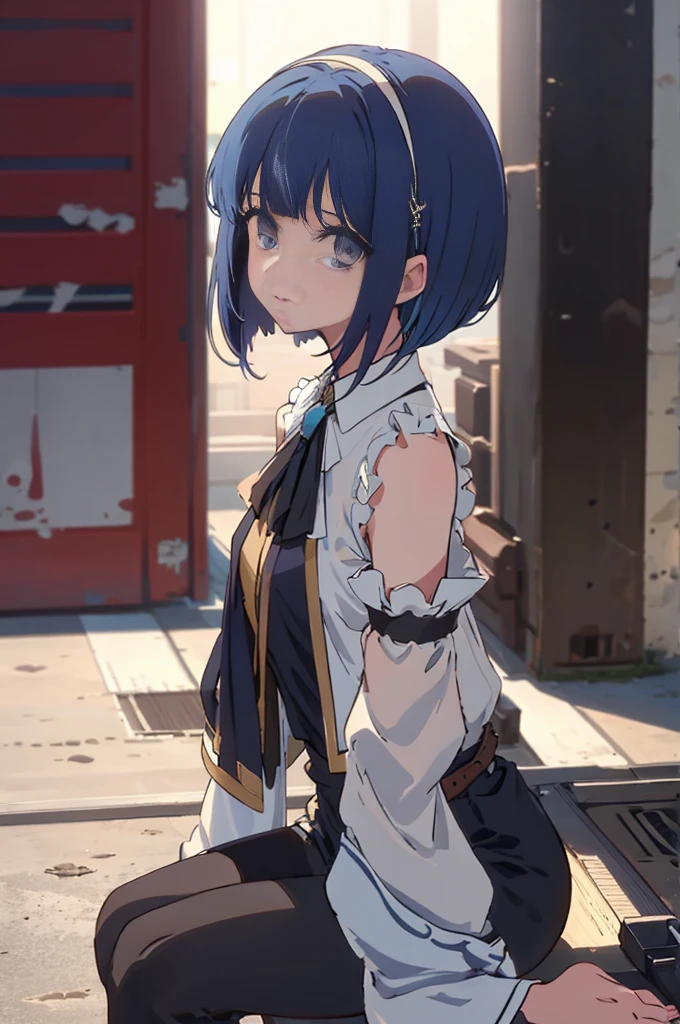 1 girl, all-in-one, Western-style building, girder belt, light blue hair, black hair band (inside the hair), ashime bob, short hair, walking, beautiful eyes, detailed fabric texture, light eyes, side hair (long), five-fingered, hair band (black), beautiful and detailed face, round eyes, bolero with sleeves, sitting, no shoulders, tights,