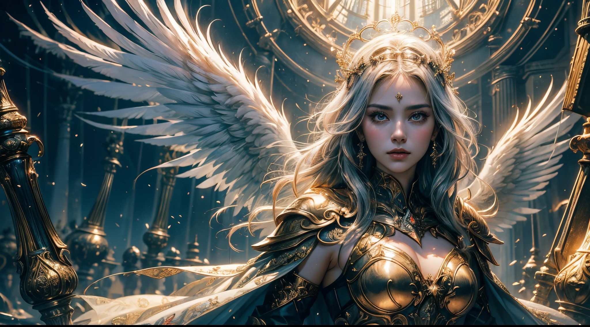 tmasterpiece,top-quality,Best quality,offcial art,(Beauty and aesthetics:1.2),(tmasterpiece:1.3), (8K, realistically, RAW photogr, Best quality: 1.4), beauitful face, (photorealiscic face),超高分辨率, ultra real photo, The content is very detailed, the golden ratio, (with dynamism:1.3),(saturate:1.3),illusory engine, (high detal: 1.9),(femele:1.4),(Large breasts),A mature woman,angelic halo,Feathered wings,Gorgeous armor,destroyed city in background,Medium portrait,theatrical,(magia),(medieval times:1.8),(Glowing sword:1.5)