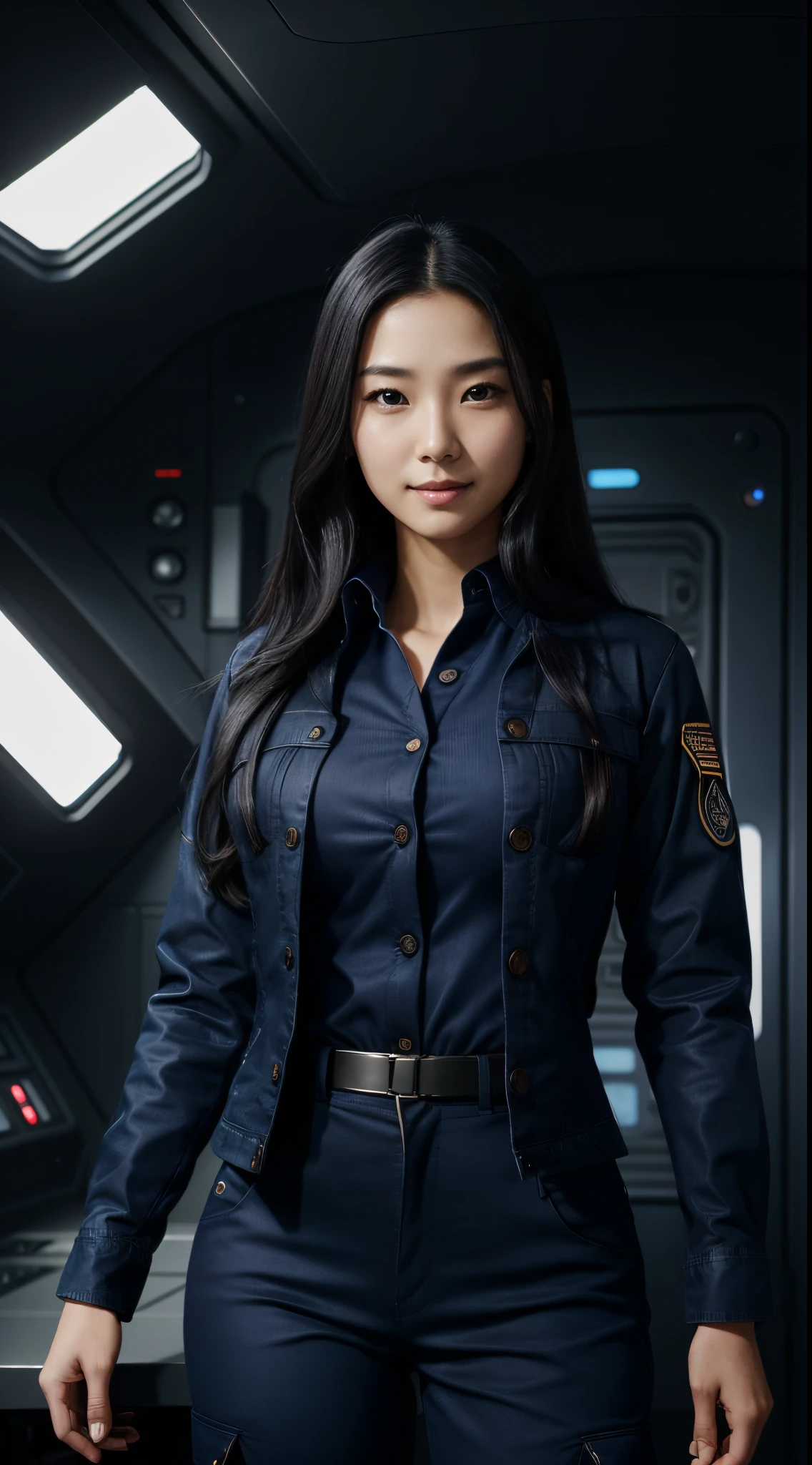 Foto hiperrealista en primer plano de Kim Ji-soo, masterpiece, best quality, (photorealistic:1.4), full body, (navy blue button-up shirt:1.2), (navy blue jacket:1.2), (navy blue tactical pants:1.2), Black knee high boots, in a spaceship room from a Star Wars movie, cinematic light, beautiful woman, skinny, large big breasts, black long hair, detailed face, smile, facing the camera, photo taken from a distance, age of 25 years old