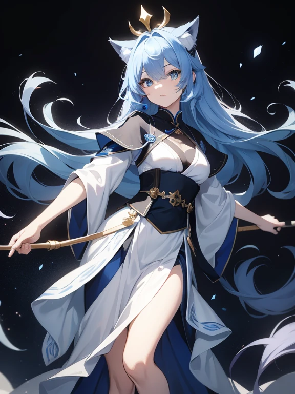 tmasterpiece，4K，blue-haired royal sister，Fox earsGolden eyes，Hanfu，stickfigure，simple line，black andwhite，