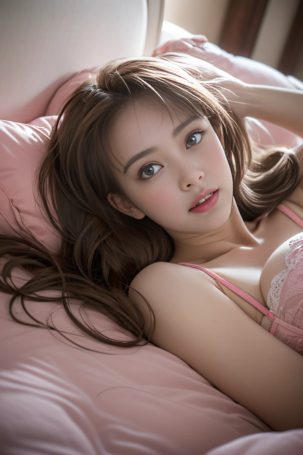 (Sexy girl lying with head up on bed in cute room),Charming eyes,Heartwarming action,Turn your face away from the camera,stooped,Bend over,turn back,Look up at your head,thick long hair,Highly detailed body,Highly detailed face,best qualtiy、(PINK Underwear),(Hide your embarrassing breasts)