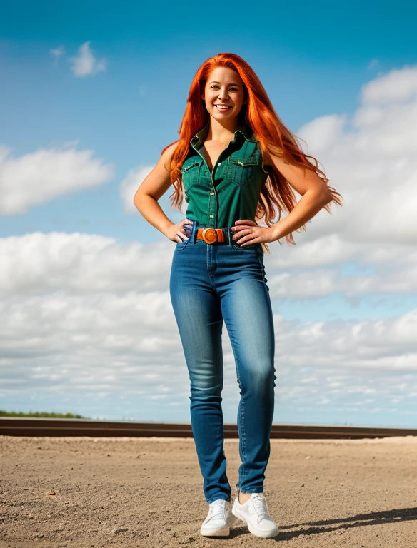 Realistic portrayal:1.2, photorealistic, 8k, Sam from Totally Spies! long slightly wavy orange hair, emerald green eyes and fair skin; smiling,wearing a full body denim outfit. , wide-angle shot, high-angle shot