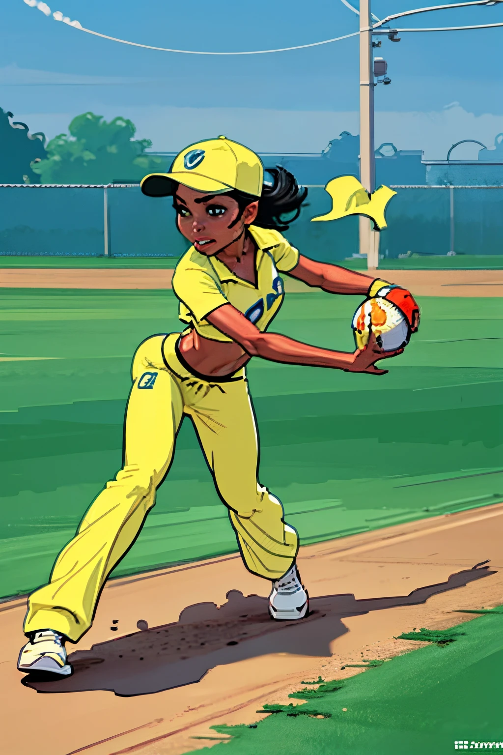 illustration of cartoon girl character, Indian girl, wearing a yellow baseball cap running in action, futuristic cricket attire, full body image, character design sheet,