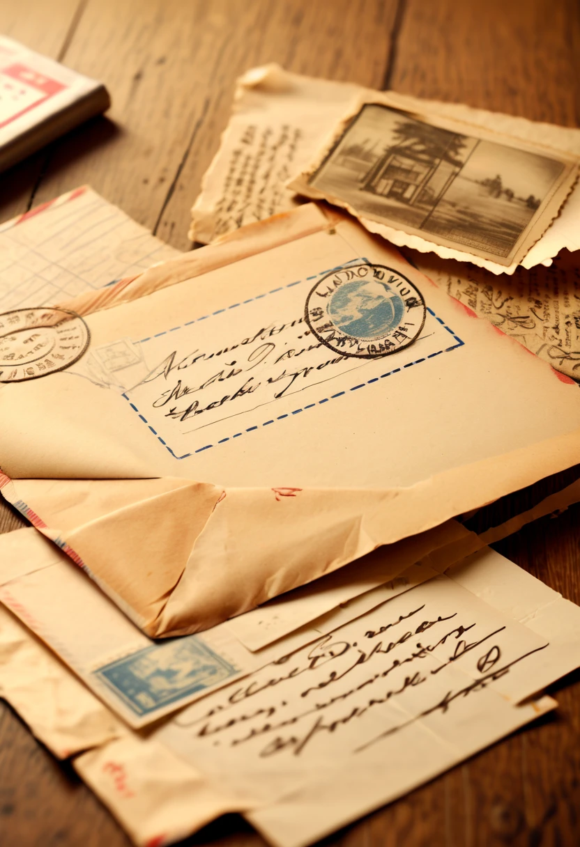 japanese postcard lying on the table,envelope,post office,post stamp,vintage style,retro colors,wooden table,old-fashioned,aged paper,textured surface,antique texture,crumpled edges,handwritten message,mail delivery,communication,correspondence,vintage nostalgia,blurred background,soft shadows,selective focus,natural lighting,old memories,travel mementos,personal touch,handwritten address,distant places,adventure,exploration,unopened letter,promise,anticipation,endearing message,cherished moment,nostalgic sentiment,mysterious sender,living history