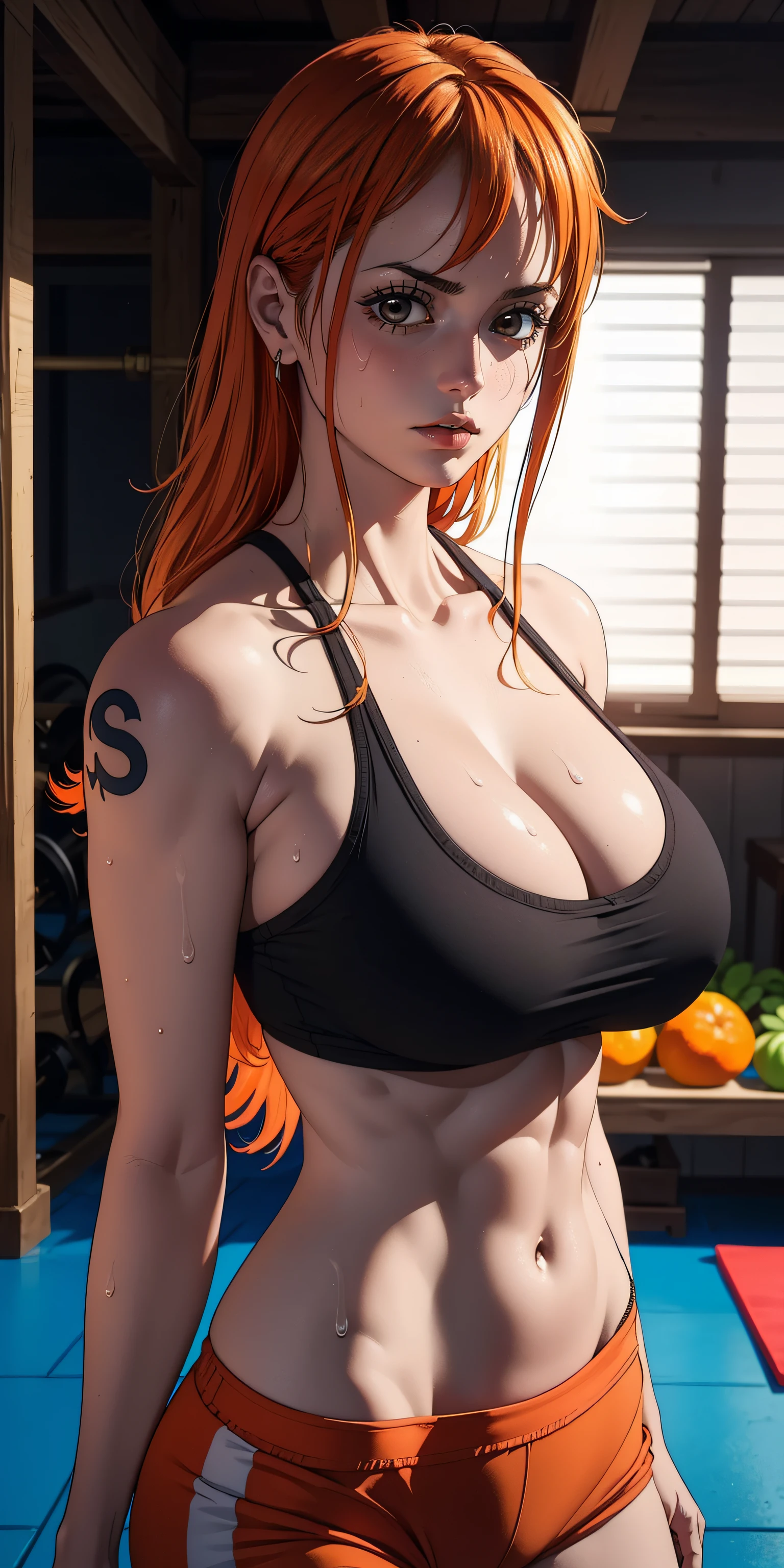 Nami with orange hair, huge boobs, with a sexy body, in sweaty gym clothes, with no muscular body, illustratio, (best quality, 4k, highres, masterpiece:1.2), ultra-detailed, (realistic:1.37), vibrant colors, sharp focus, dramatic lighting