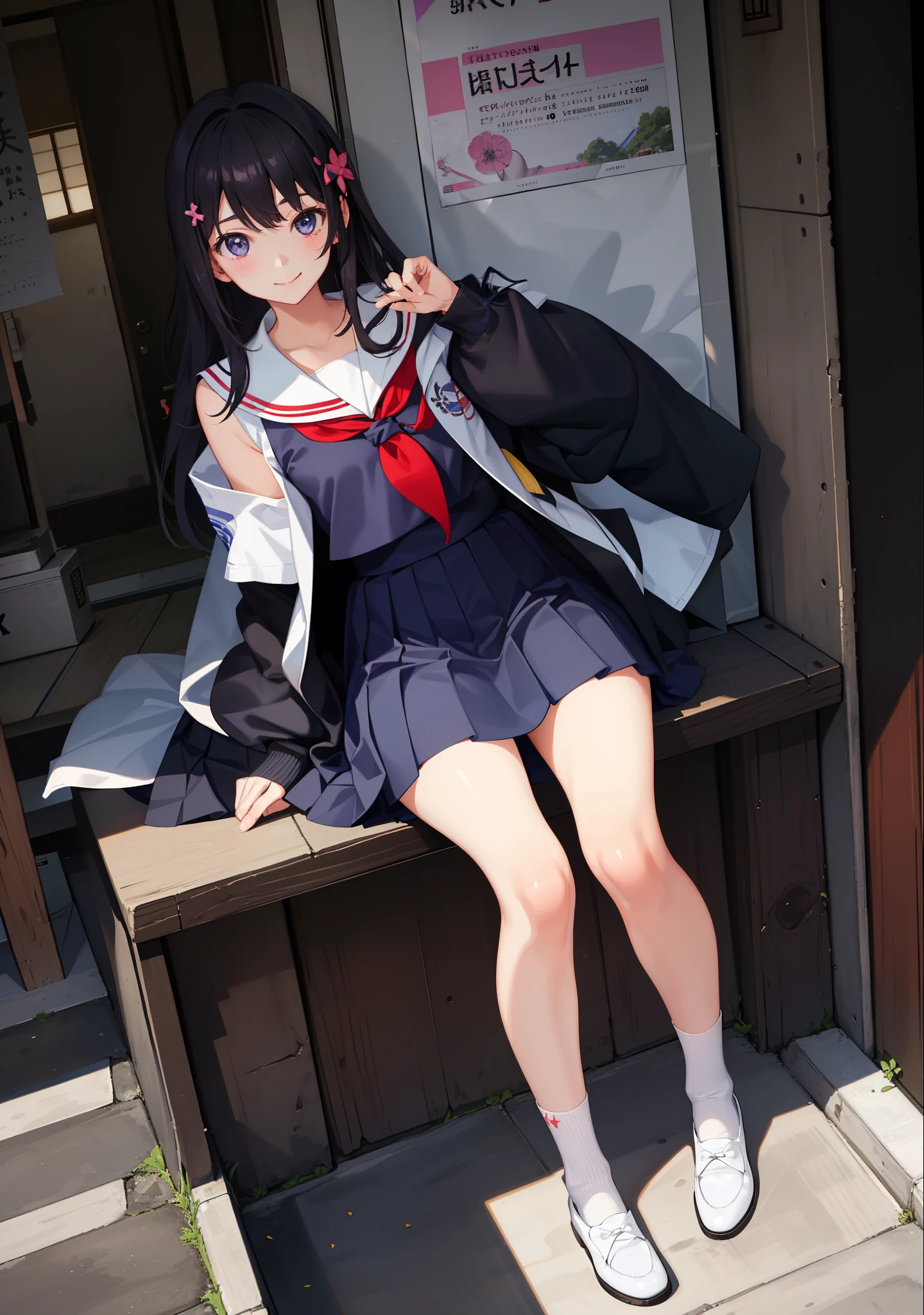 1girl in、A smile、The shirt、skirt by the、Light in the eyes、（highlight in eyes）Wink、（small tits）Chilarism、Japan High School Student Uniform、serafuku、summer clothing、（Portrait from the knee up）、