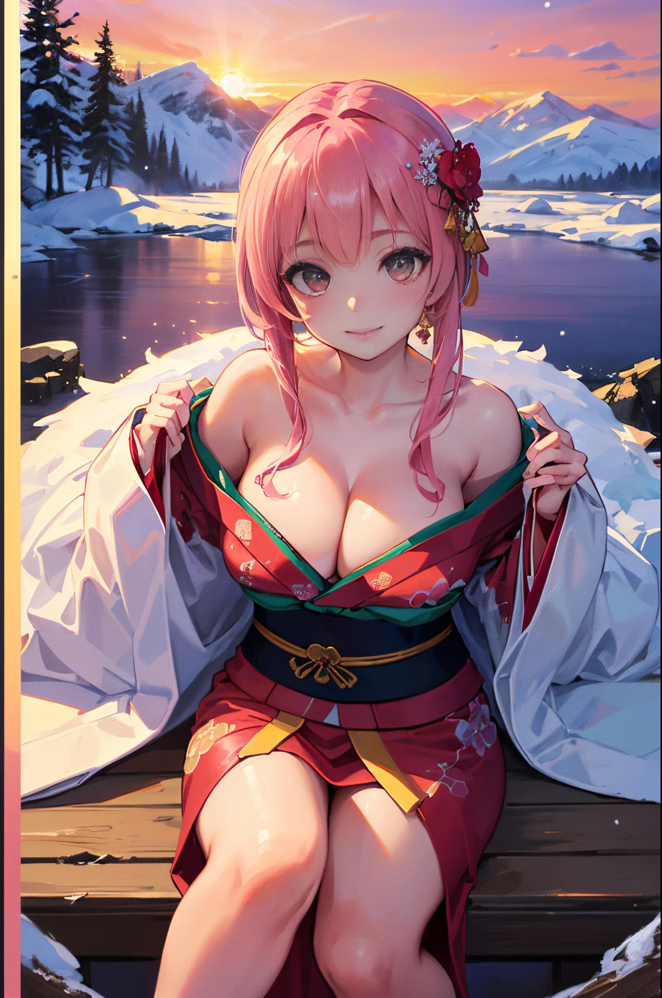((On the table、top-quality、Top image quality、8K、winning artwork))、A goddess、(The most gorgeous and luxurious goddess outfit:1.3)、(Goddess's most beautiful outfit in pink:1.3)、(The most luxurious pink and red long-sleeved kimono:1.3)、(upper body photos:1.1)、stlouis,Accurate dissection、The brightest smile when you look at me、(cleavage:1.2)、(show your shoulders:1.1)、(Expose beautiful legs:1.1)、(Stand gracefully:1.1)、The most complicated、The most luxurious decoration、Lots of jewelry、(tas'It snowed heavily:1.1)、dreamy snow、most complex、The most detailed background、(The background is the vast snow-capped mountains:1.2)、(The vast view from the top of the snowy mountain:1.1)、Fantastic snowscape、(Wonderful and vivid sunset:1.4)、(Spectacular cinematic lighting:1.u can see the beautiful lake at the foot of the mountain.:1.1)、(perfect make-up、Long eyelashes、Pink eyeshadow)、(Accurate dissection:1.2)