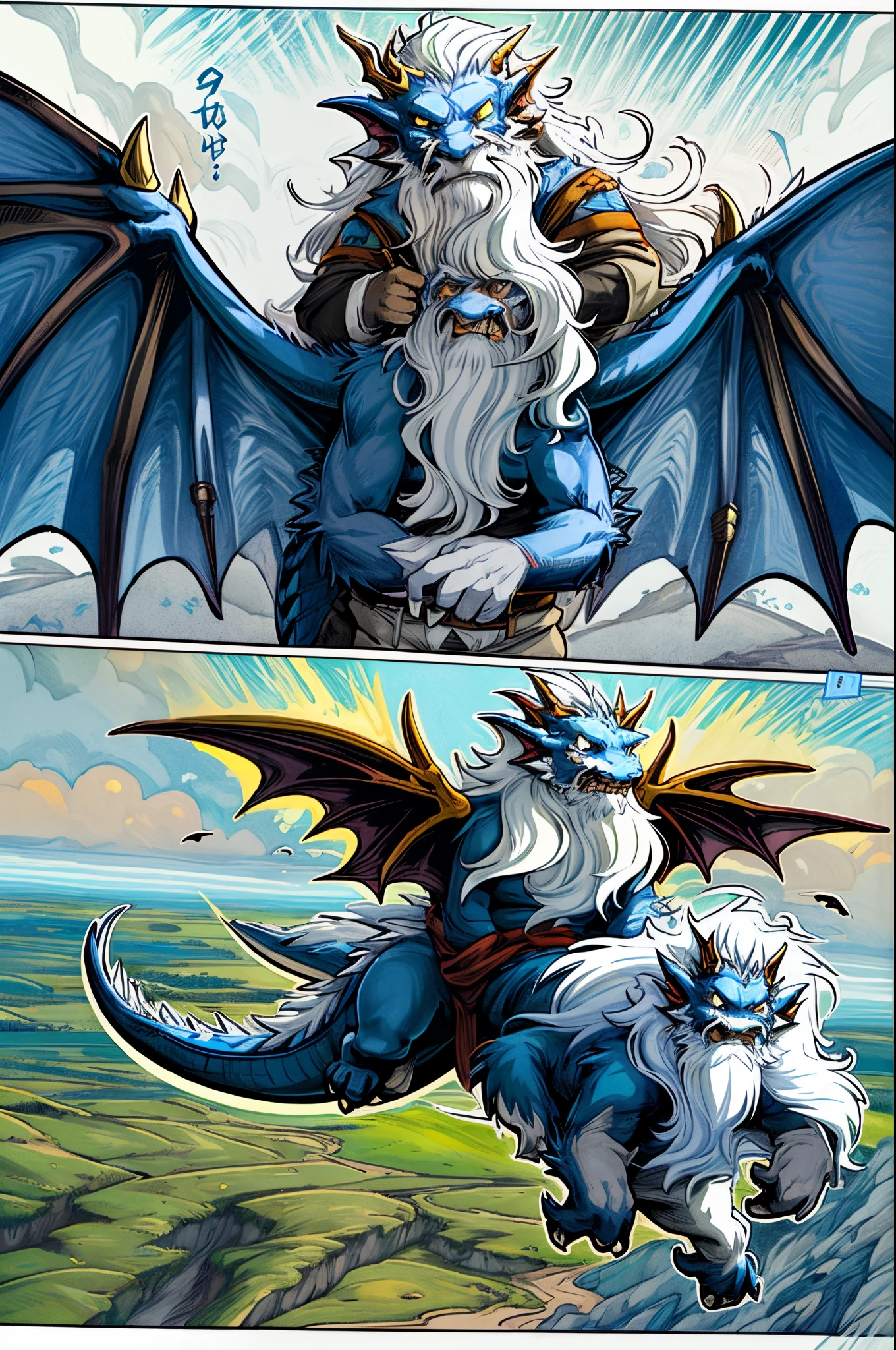 (Two old dragon kings flying in the air fighting:1.3),(Dragon anthropomorphism),(Long white hair:1.2),(Long white beard:1.2),(comic strip:1.5)