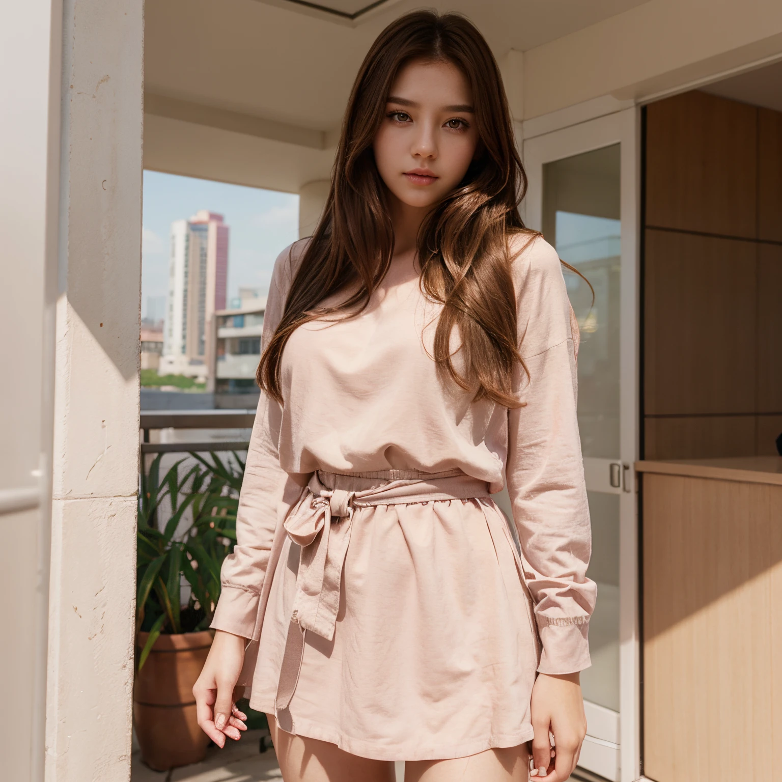 A beautiful girl with fair skin, brown hair, pink lips, sharp eyes, and waist-length hair, like a webtoon art