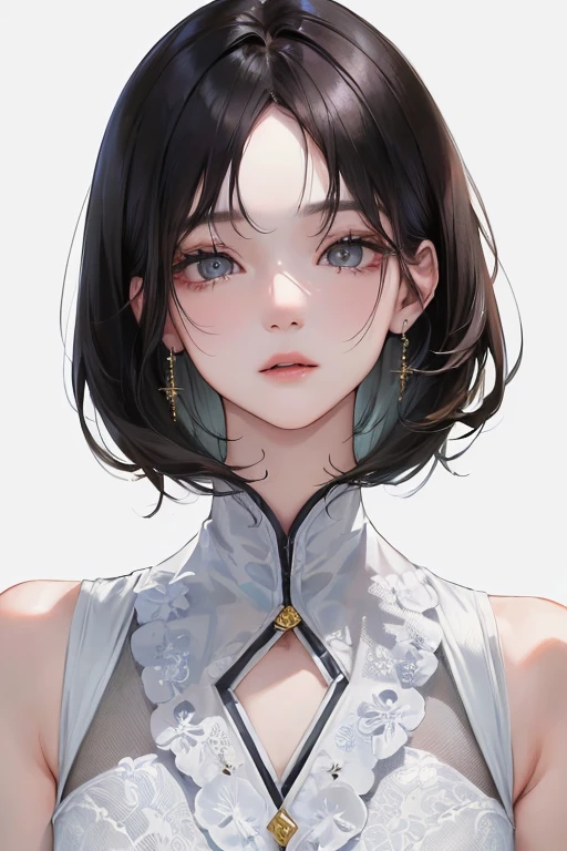 (Top resolution、Distinct_image)top-quality、femele、masterpiece、ighly detailed、Semi-realistic、Black short hair、Dark hair、grey eyes、bangss、25-years old、Mature、年轻、Exquisite facial features、Facial features,closing eye