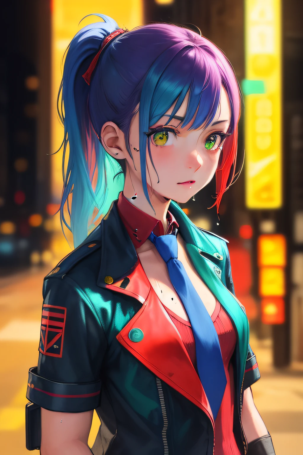 masterpiece, highest quality, realistic, subsurface scattering, chromatic lighting,
colorized, red + yellow + green + blue limited color palette, detailed concept drawing, line-art, illustration,
cyberpunk,
18yo 1girl,small breasts,
extrovert,
ponytail hair,
punk outfit,
necktie,
pleated,
America
city,
club, people,
wet
detailed background