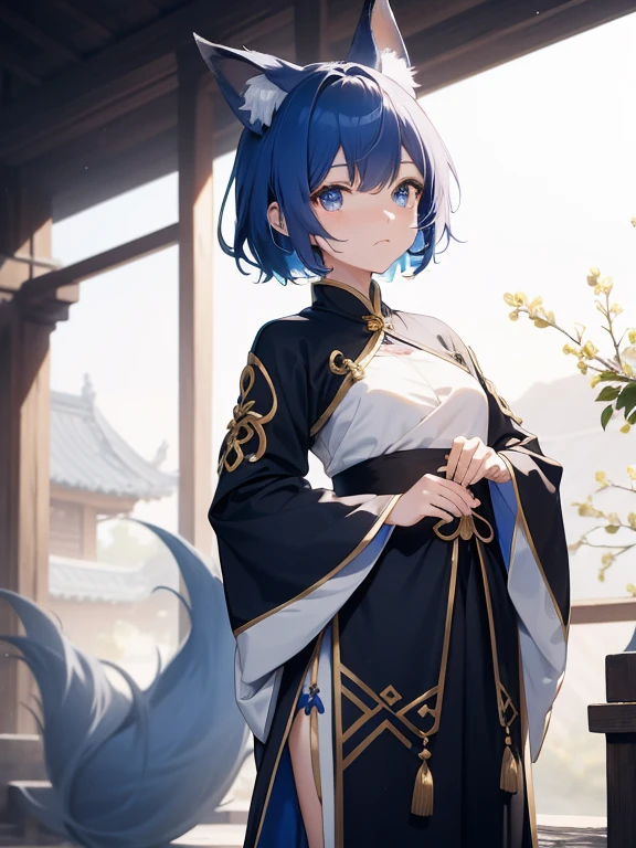 tmasterpiece,4K,short blue-haired royal sister,Fox ears,Golden eyes,Hanfu,stickfigure,simple line,black andwhite,