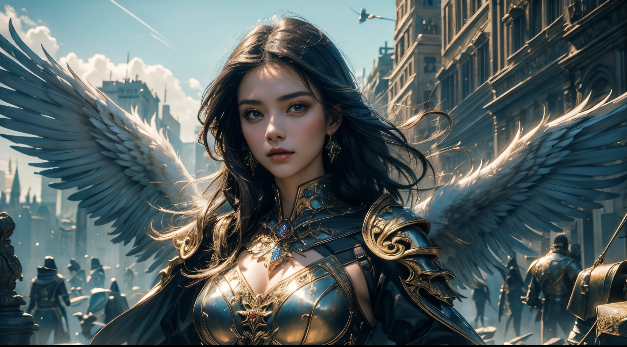 tmasterpiece,top-quality,Best quality,offcial art,(Beauty and aesthetics:1.2),(tmasterpiece:1.3), (8K, realistically, RAW photogr, Best quality: 1.4), beauitful face, (photorealiscic face),超高分辨率, ultra real photo, The content is very detailed, the golden ratio, (with dynamism:1.3),(saturate:1.3),illusory engine, (high detal: 1.9),(femele:1.4),(Large breasts),A mature woman,Overhead halo,Feathered wings,Gorgeous armor,destroyed city in background,Medium portrait,theatrical,(magia),(medieval times:1.8),(Glowing sword:1.5)