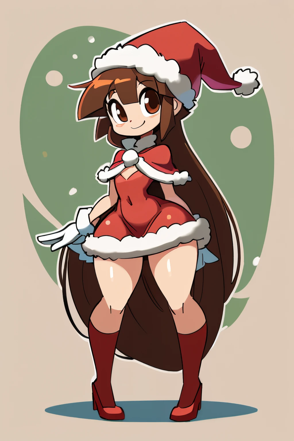 (a tall female human with long hair, brown hair, pale skin, medium chest, slim thighs, round head, round chin, and big brown eyes) wearing (white long gloves, Christmas cape, Christmas hat, Christmas dress, red socks, red flats), ((full body)), full body, happy, looking at viewer, by minus8, by diives