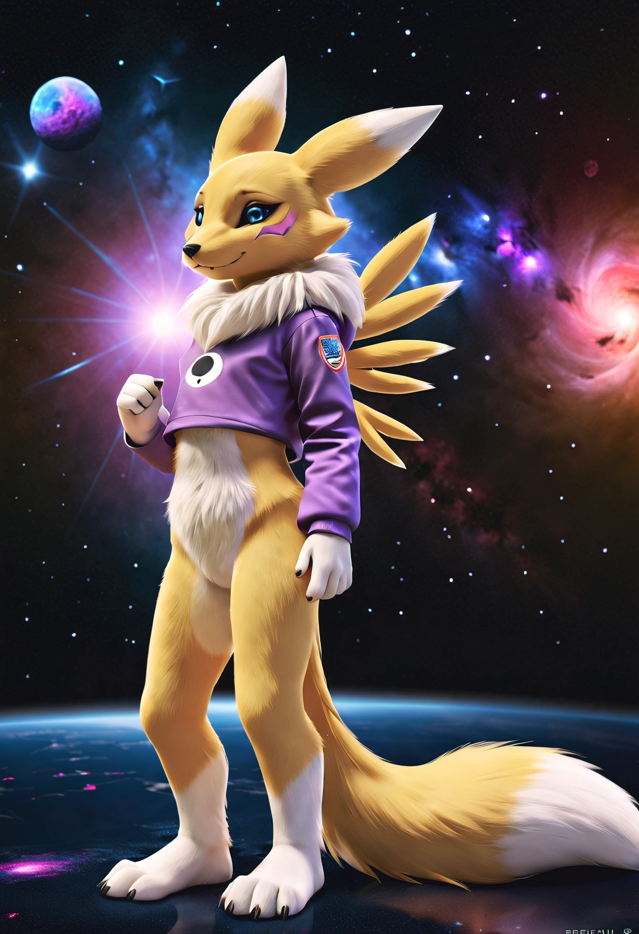 hyperrealistic, realistic, highly detailed, 8k, photo, solo, full body, photograph of a young furry, renamon,, furry, furry female, body fur, animal ear fluff, young woman, 1girl, cosmic, perfect, sfw, safe