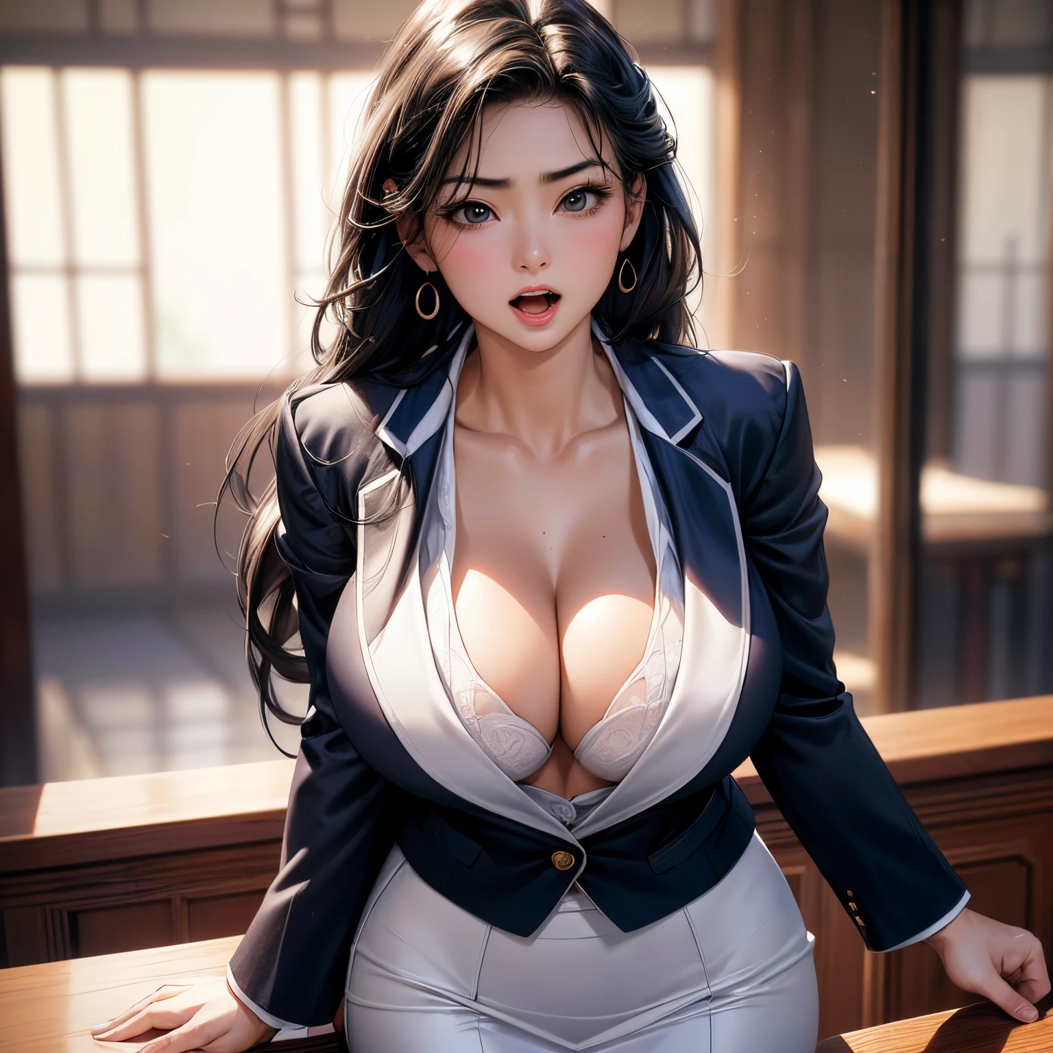 best quality, masterpiece, ultra detailed, ultra high res, realistic, professional photo, 1girl,woman
open mouth,conference room, random hair,
(leaning forward, cleavage, japanese, shirtless, navy business jacket, white business skirt, black hair)
(politician:1.2),
(huge breasts,beautiful face:1.2),
podium,lectern,