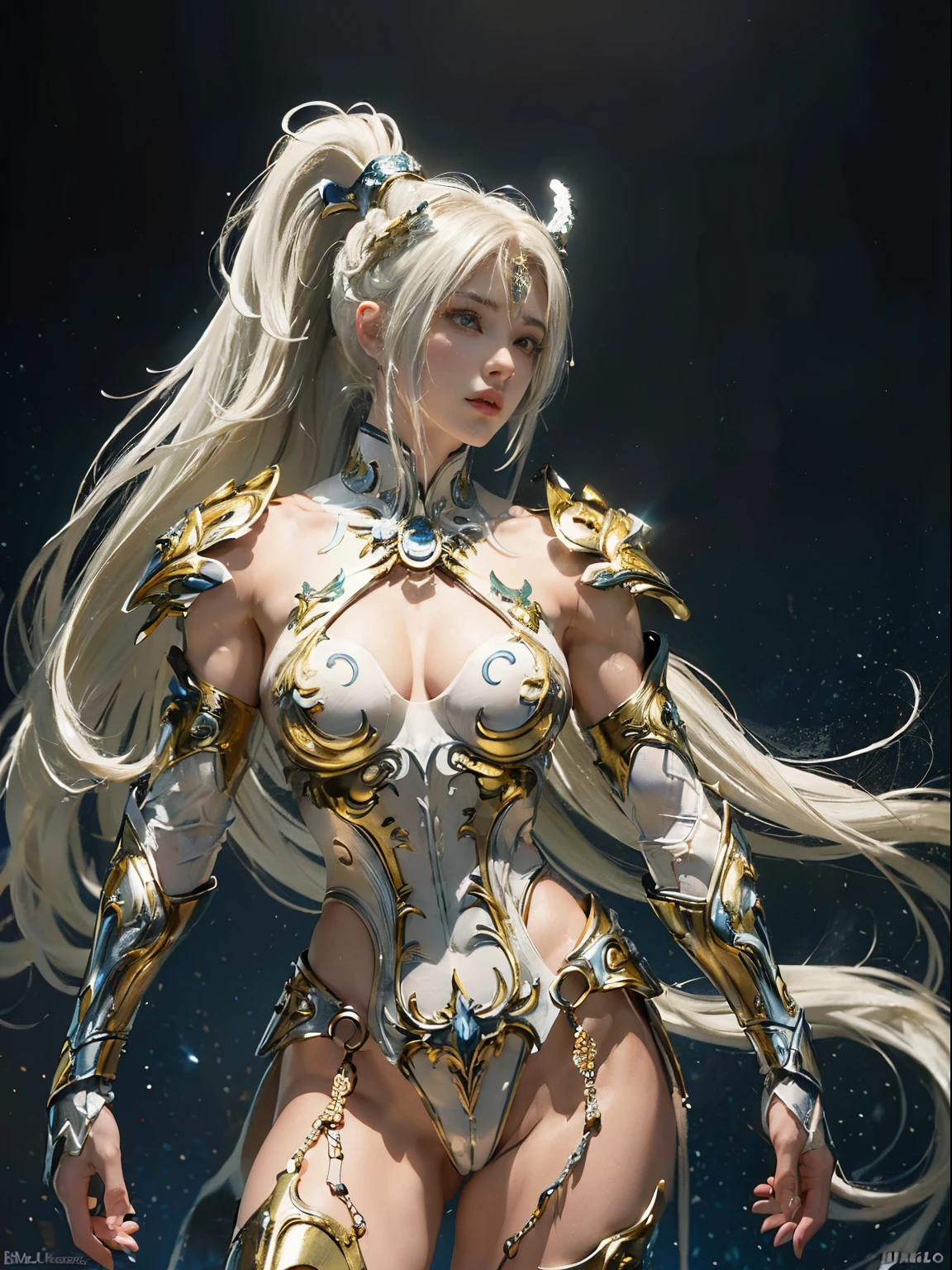 (((of the highest quality: 1.4))),(unparalleled masterpiece ever), (Ultra high definition),(Ultra realistic 8K CG), (((adult body))), (((1girl in))), ((( Short ponytail hair ))), perfect bodies,,Beautiful and well-groomed face, (muscular body:1.4), (Saint Seiya God pegasus cloth, headgear, white hair ornament), Detailed breastplate, gauntlets、is standing, (Image from head to thigh),(( White Blonde Shorthair )),, Simon Bisley's urban savage style,Detailed ancient Roman background,Clean abs, Complex equipment, gold with blue stars and gold and blue stripes, pegasus cloth armor, Poison tattoo, (Thin pink lips: 0.8)