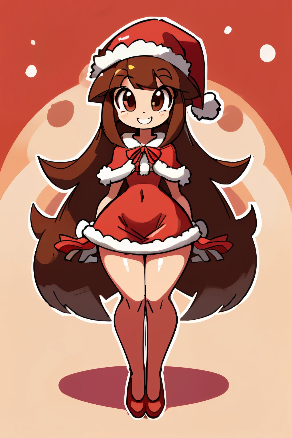 (a tall female human with long hair, brown hair, pale skin, medium chest, slim thighs, round head, round chin, and big brown eyes) wearing (white long gloves, Christmas cape, Christmas hat, Christmas dress, red socks, red flats), ((full body)), full body, happy, looking at viewer, by minus8, by diives