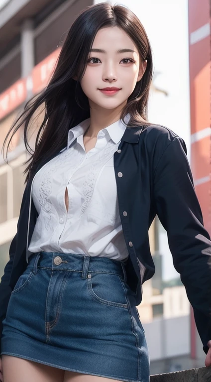 Photorealistic, masutepiece, Best Quality, Raw photo, 1girl in, Solo, Long hair, Brown hair, Detailed face, alluring face, sad smile、From thigh up、Collared shirt, medium breasts, Dynamic Pose, Looking at Viewer, From below, Detailed background, fine detailed, intricate detailes, Ray tracing, depth of fields, lowkey, nffsw