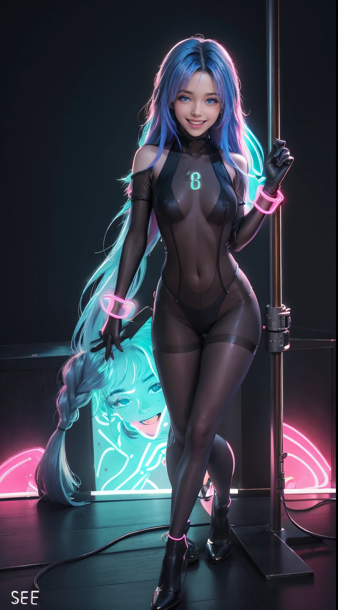 { 1 plump girl, (Vibrant pole dance, spread their legs:1.3), (squeezing breasts), In cyberpunk disco club, ((Cyberpunk themed)), (There is a thick bulge on the body:0), (A lot of:0) }, { (tmasterpiece:1.6), (Best quality at best:1.6), (Live photos:1.8), (8K分辨率:1.6) }, { shallowdepthoffield, (neon god ray:1), (Neon silhouette lighting:1.2), (low pitch:1.6), (Dim background) }, { beautiful 24 years old, ((glow blue eyes)), (face flushed:0), (weeping:0), (Smiling:1.4), ((with her mouth open:1.4),(Stick out her tongue:1.6) :0), (eyes rolled up:1.4), (Skin glows:1.4), (long slim figure:1.3), The large, firm breast, (Neon hair:1.6), (straight long hair:1.3), (Lively nipples:1), (bronze skin) }, { (semi transparent:1.6) tightsuit, (ssee-through:1.6) Lace pantyhose, ((pubes)), Off-the-shoulder style, deep understanding }