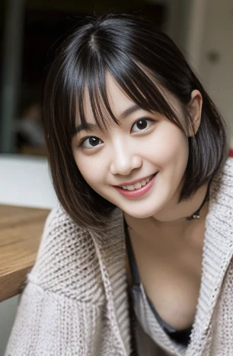 （There is a woman sitting at a table drinking beer, bar girl, In a tatami room, with a drink, Drinking beer, In the pub, In the pub, at bar, drinking beer at bar, Drink at the bar）in a house、downbrouse、No bangs:1.10、straight flat chest:1.20, (leaning-forward:1.3)、（Woman with beer）、(Oversized knitwear、loose knitwear、low cut knit:1.5)、bra very.10, Pink areola is visible:1.20,  A Cup:1.20, Erotic, (top-quality、8K、32K、​masterpiece)、japanes、20yr old、Very pretty girl、Beautuful Women、crouching down、Bright smile、shinny skin、blurry backround、Ear hooks:1.20, A dark-haired:1.10, Upper body close-up、Shot from above、A refreshing smile,Alafed Girl, chiho, iwakura lain, closeup Iwakura Lain, With short hair, Shiori Teshirogi, Kotegawa Yui, hime-cut, She is 20 years old, sui ishida with black hair, lain iwakura, girl cute-fine-face, Clear pubic contours,(Small breasts), hight resolution, ighly detailed, top-quality, [​masterpiece:1.6],, ighly detailed, nffsw, finely detail, top-quality, , Cinematographic lighting, 1girl in、20yr old、Cute Japan Girls、perfect body type、, Cute droopy eyes、Beautiful big eyes、ultra-detailliert、hight resolution、Transcendent beauty　top-quality、​masterpiece、majicMIX Real、(Raw photography:1.2)、(Photorealsitic:1.4)、
