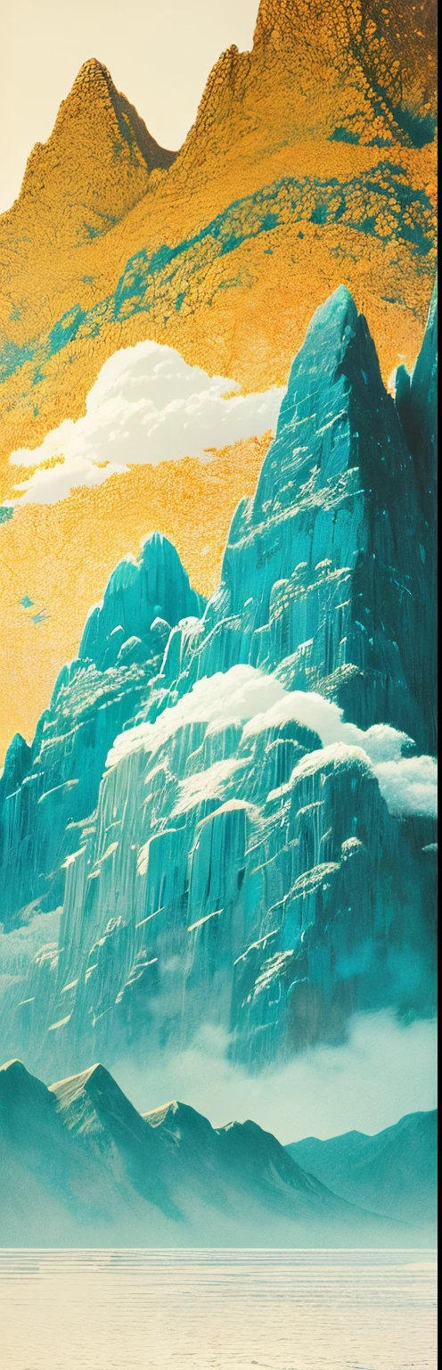 clouds float over a mountain with a sky background, an ultrafine detailed painting inspired by Mikalojus Konstantinas Čiurlionis, featured on behance, cloisonnism, grainy risograph matte painting, copper veins, ultrafine detailed painting, canyon topography, aerial illustration, aerial iridecent veins, teal landscape