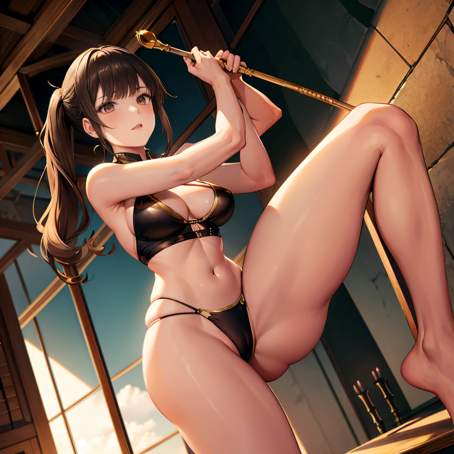 one-girl,Tall guy,asiagirl,dual horsetail,double-ponytail,the detail,brown hair color hair,Martial artist,x swimsuit,Bikini swimwear,little belly,Very revealing martial artist costume,Black and gold clothes,Beautiful long legs