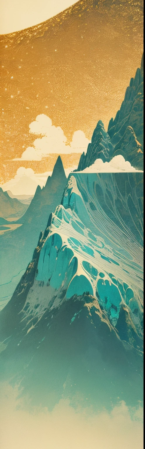 clouds float over a mountain with a sky background, an ultrafine detailed painting inspired by Mikalojus Konstantinas Čiurlionis, featured on behance, cloisonnism, grainy risograph matte painting, copper veins, ultrafine detailed painting, canyon topography, aerial illustration, aerial iridecent veins, teal landscape