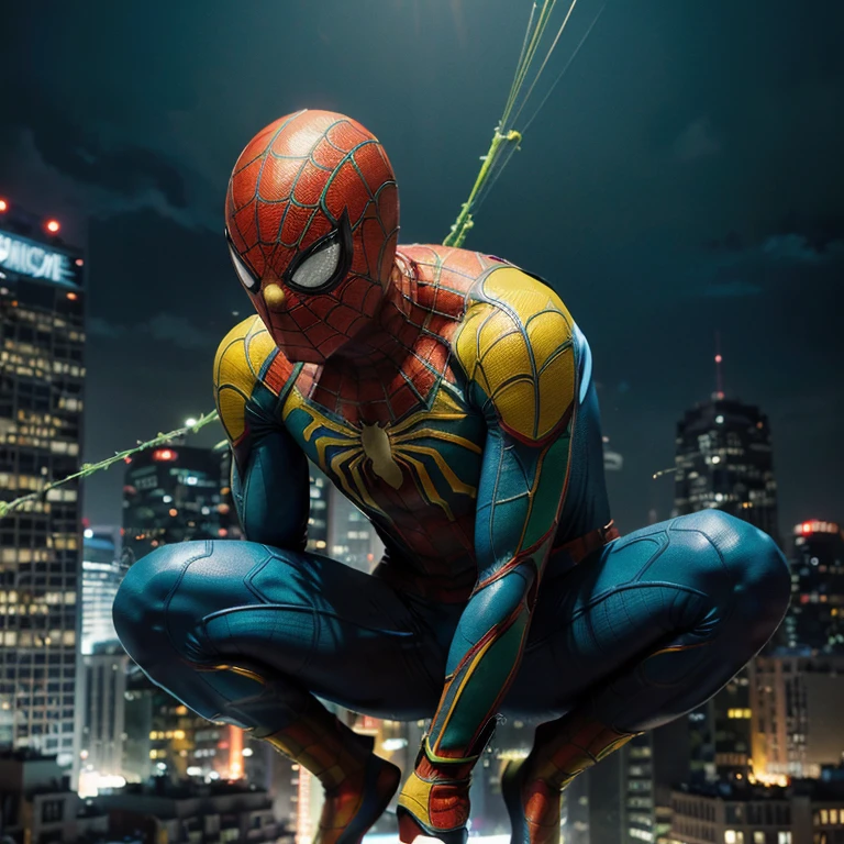 (ultra-detailed, highres),(blue, yellow, and green Spider-Man:1.2),(vibrant colors),(comic book style),(dynamic action),(cityscape),(web-slinging),(intense lighting),(detailed suit),(dramatic perspective),(heroic pose),(dynamic motion),(a sense of speed)