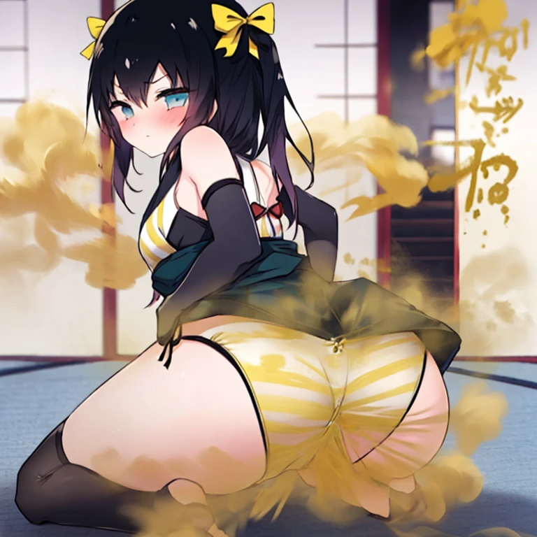 ((((1 girl)))), (li), (Loli with a very young face), (flat chest), (13ear), (btiful slender body), long hair, Black hair, blue eyes, ((((short ninja costume)))), (((black and yellow ninja costume))), (((Sleeveless))), blue white panties, ((((horizontal striped panties)))), Showing Buttocks , massive ass, Seiza position, Turn around and look back, embarrassed, blushing, fart, onara, fart, farting, big fart, Fart from the ass, Farting non-stop, Yellow smoke, Yellow smoke rising, Japanese tatami room, ((Blurry background with deep yellow fog))