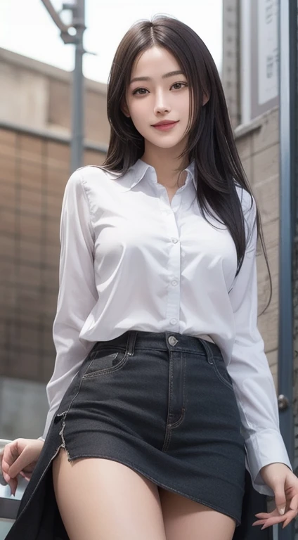 Photorealistic, masutepiece, Best Quality, Raw photo, 1girl in, Solo, Long hair, Brown hair, Detailed face, alluring face, mournful smile、From thigh up、Collared shirt, medium breasts, Dynamic Pose, Looking at Viewer, From below, Detailed background, fine detailed, intricate detailes, Ray tracing, depth of fields, lowkey, nffsw