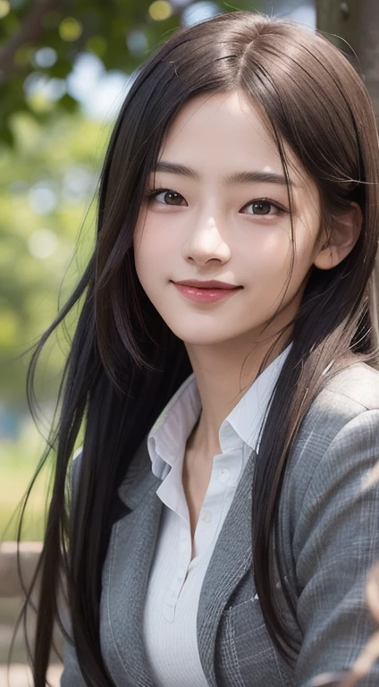 Photorealistic, masutepiece, Best Quality, Raw photo, 1girl in, Solo, Long hair, Brown hair, Detailed face, alluring face, mournful smile、From thigh up、Collared shirt, medium breasts, Dynamic Pose, Looking at Viewer, From below, Detailed background, fine detailed, intricate detailes, Ray tracing, depth of fields, lowkey, nffsw