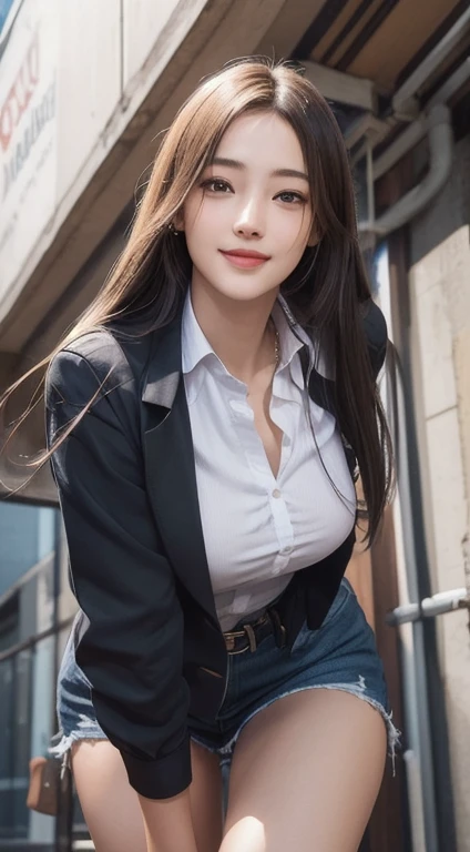 Photorealistic, masutepiece, Best Quality, Raw photo, 1girl in, Solo, Long hair, Brown hair, Detailed face, alluring face, mournful smile、From thigh up、Collared shirt, medium breasts, Dynamic Pose, Looking at Viewer, From below, Detailed background, fine detailed, intricate detailes, Ray tracing, depth of fields, lowkey, nffsw