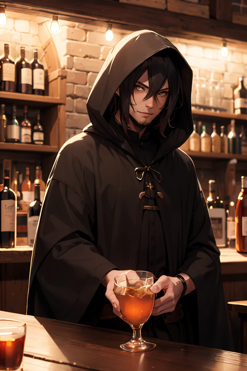 man mysterious elf assassin arcane trickster rogue dark robe hooded black short hair at a medieval bar getting drunk and happy