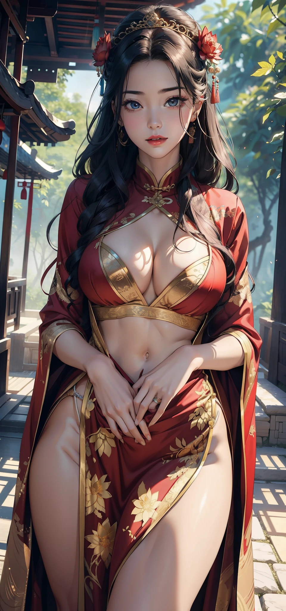 1female,45 yers old,Married woman,熟妇,Large breasts,long leges,big chest and thin waist, photo exposure, 独奏,(Background with:at a forest,the rainforest,in summer,lotus flower) She has long black hair,Redlip,Stood up,seen from the front, curlies, The sky is mostly cloudy,(((tmasterpiece),(Very detailed CG unified 8k wallpaper),Best quality at best,电影灯光,detailed back ground,beautidful eyes,Bright pupils,(very delicate beautiful),(Beautiful and detailed eye descriptions),ultra - detailed,tmasterpiece,)),facing at the camera,A high resolution,ultra - detailed),revealing breasts,Bare genitals, convex,Camel toes,Raised sexy,Queen of China(dressed in:,gold silk embroidery,Red cheongsam,lace panty,redcloak)
