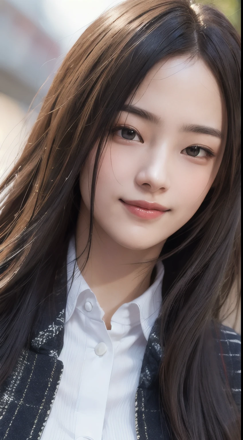 Photorealistic, masutepiece, Best Quality, Raw photo, 1girl in, Solo, Long hair, Brown hair, Detailed face, alluring face, mournful smile、From thigh up、Collared shirt, medium breasts, Dynamic Pose, Looking at Viewer, From below, Detailed background, fine detailed, intricate detailes, Ray tracing, depth of fields, lowkey, nffsw