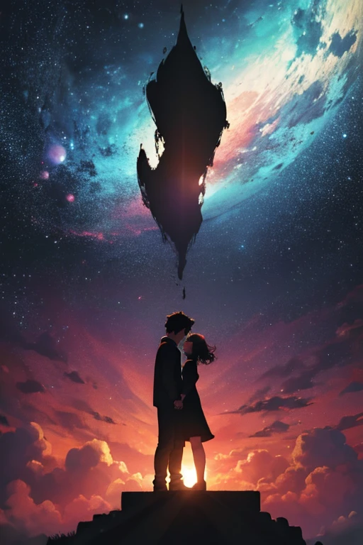 Please draw a picture that shows a black silhouette of a boy and a girl holding hands while looking at the end of the universe.