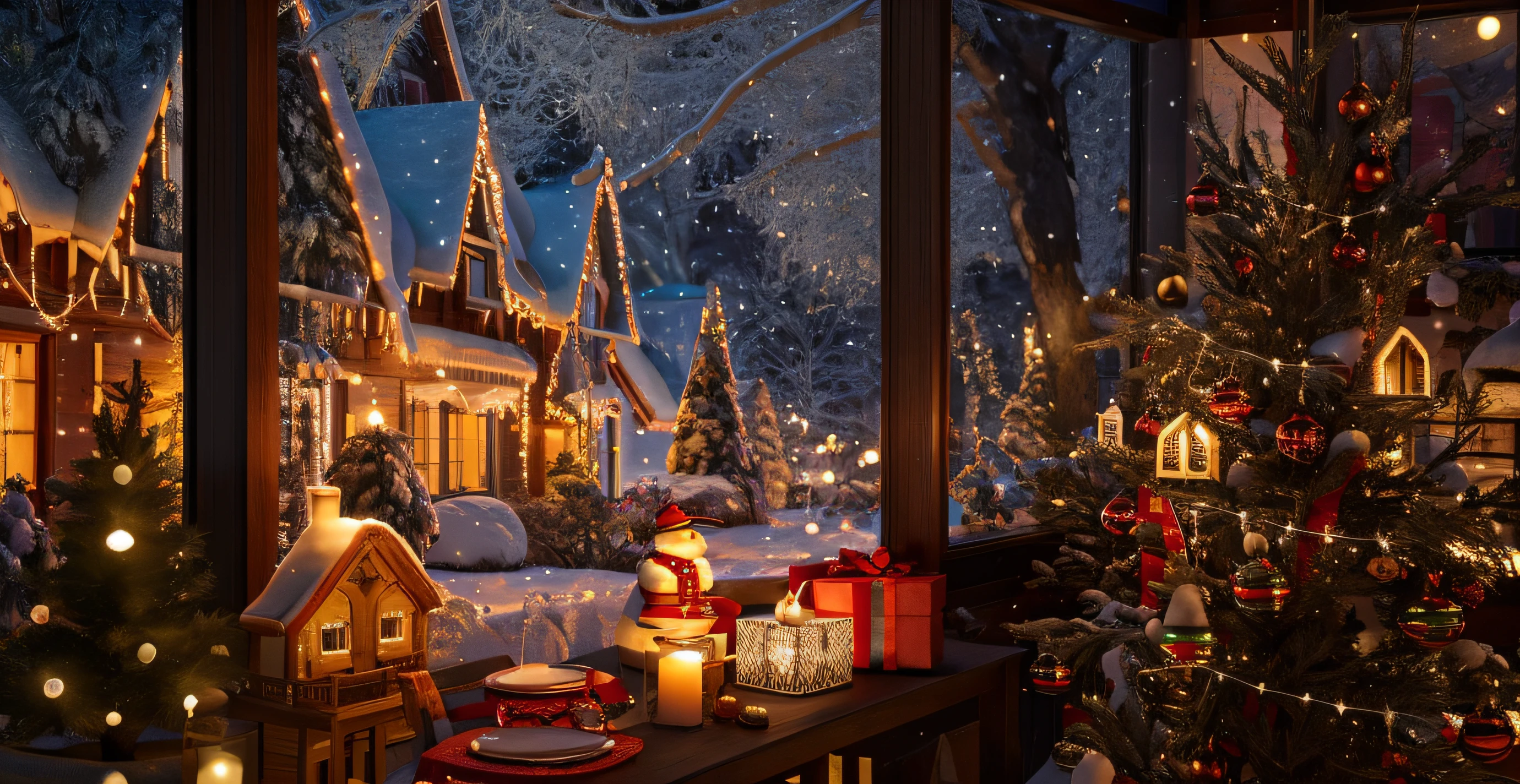 there is a christmas scene with a lit candle and a christmas tree, cena altamente detalhada, cena encantada aconchegante, Noite de Natal, Noite de Natal de inverno nevada, the lights are on in the windows, realistic fantasy rendering, beautiful render of a fairytale, fundo aconchegante da casa, fantasia de cena de inverno, cena imensamente detalhada, the windows are lit, highly detailed render, Winter scenario
